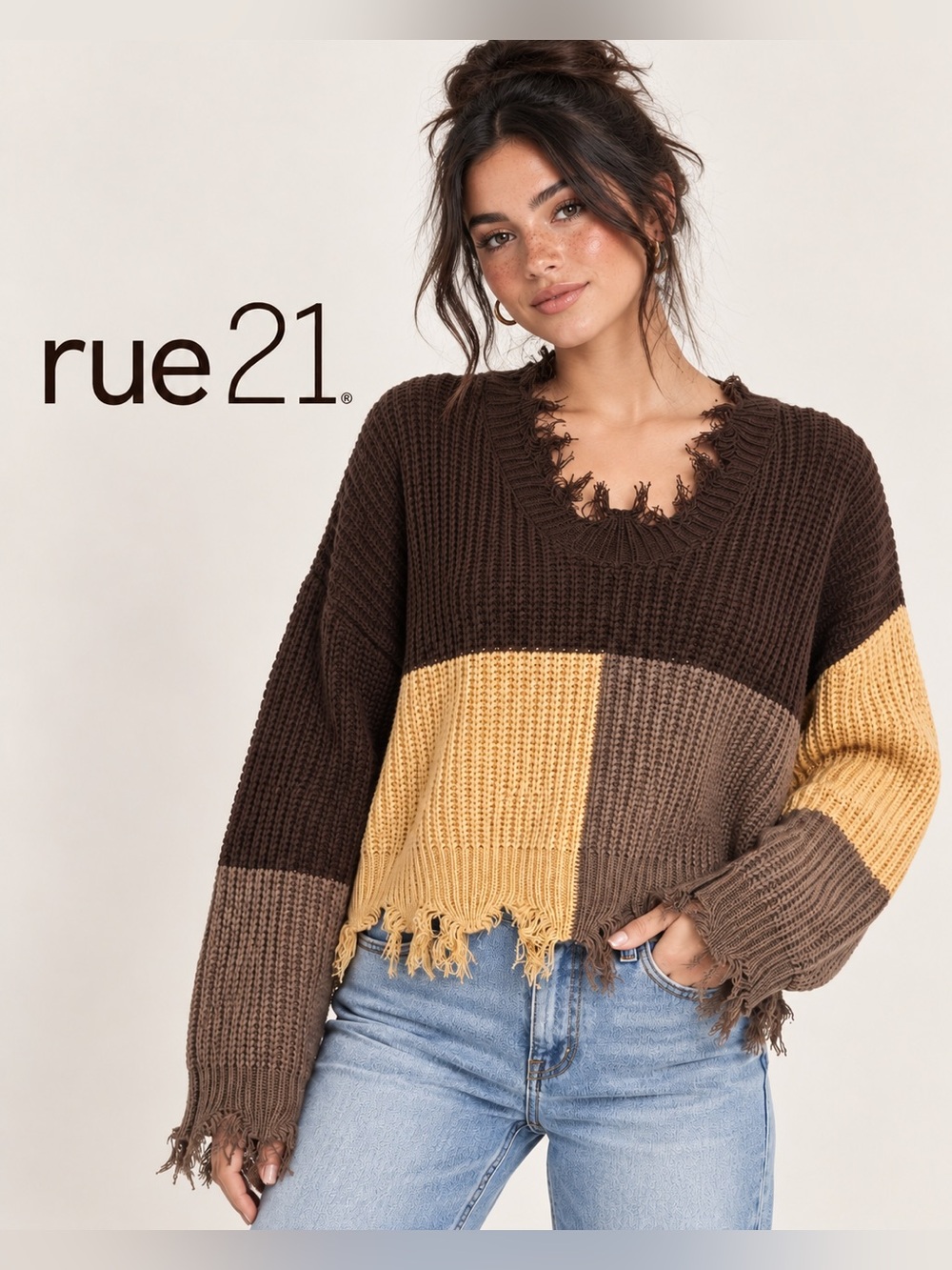 Rue21 Color Block Distressed Knit Cropped Sweater XS Brown